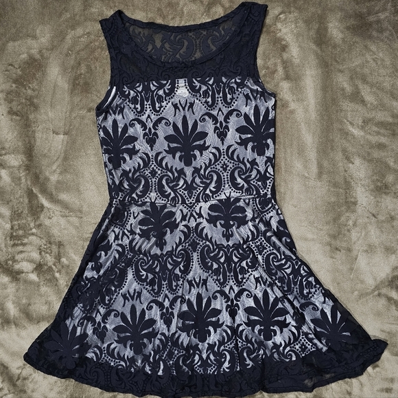 SALLY MILLER Victorian Vibes Dress Silky Silver Lining Deep Blue Sheer Velvet - Picture 9 of 17